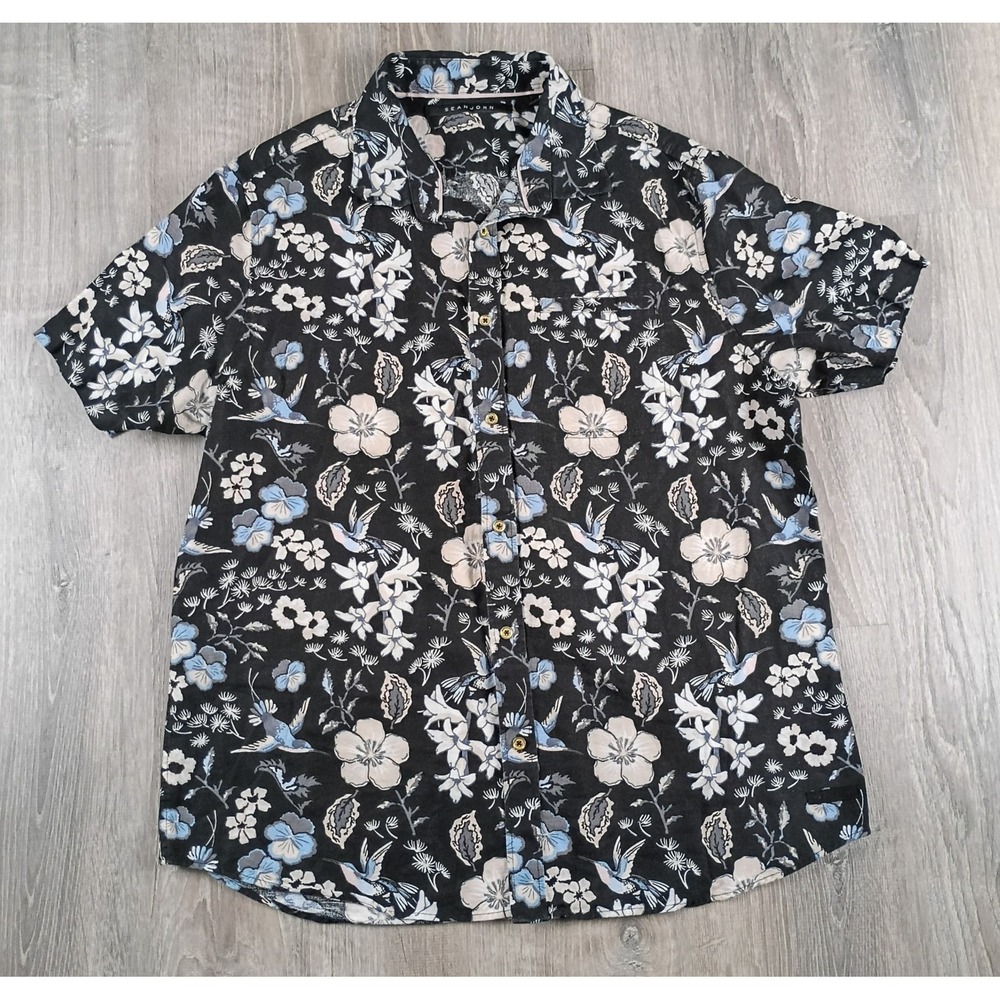 Sean John 2XL Short Sleeve Button Up Linen Blend Shirt Tropical Floral Hawaiian